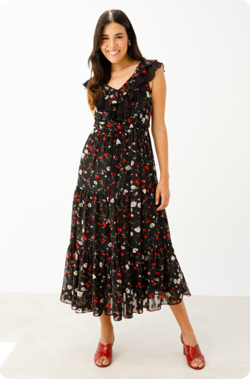 Woman Black Floral High Waist Dress
